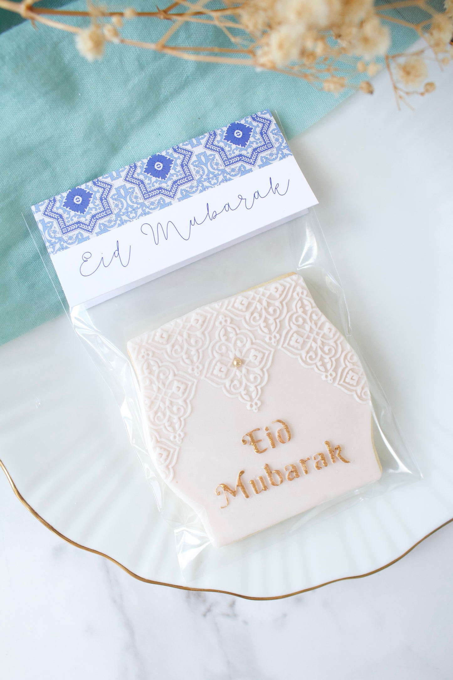 Kartonnen zakje met bonbons - Eid Mubarak mosaïques blauw - 25st